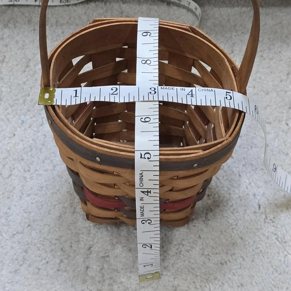 Woven Wood Basket with Handle Rustic‎ Farmhouse Decor 1996 Red Gray Trim Vintage